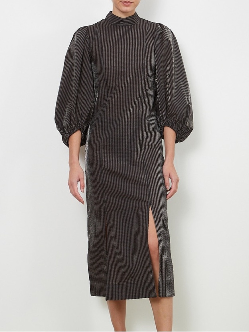 Ganni Women’s Seersucker Gingham Check Puff Sleeve Mockneck Black Midi Dress